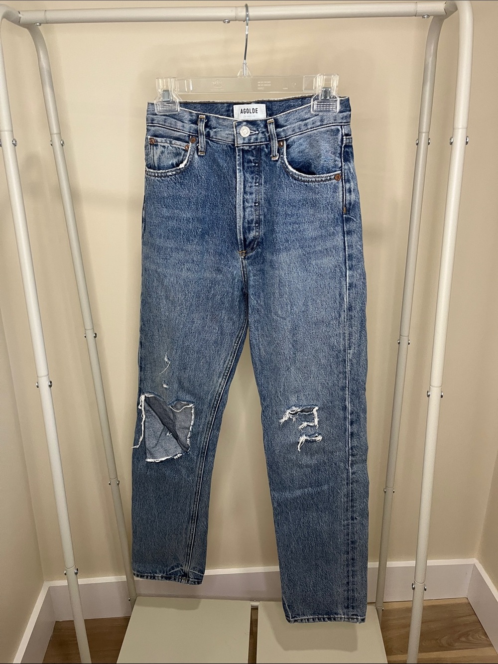 Agolde Straight-Leg Distressed Medium Blue Jeans